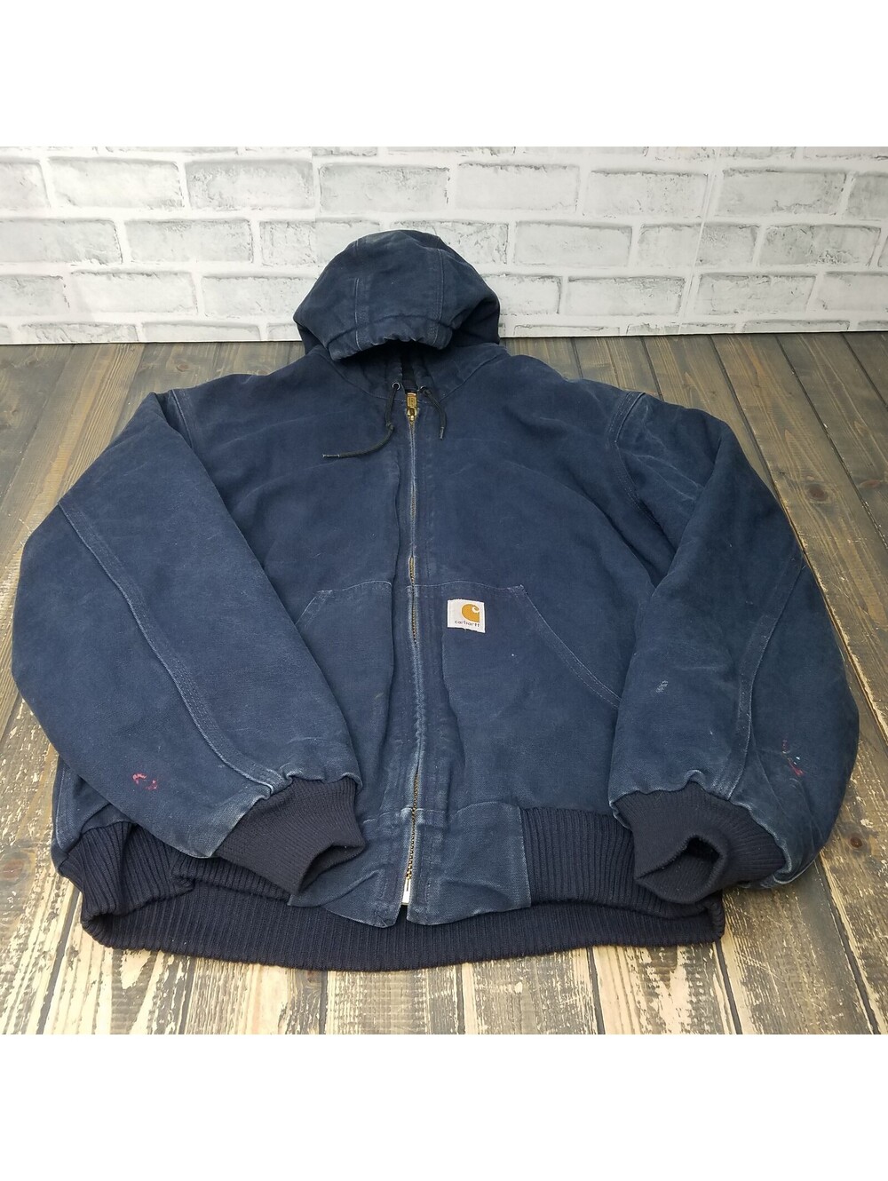 Vintage Carhartt Blue Hooded Jacket Size Medium Canvas Quilt Lined J140-DNY USA